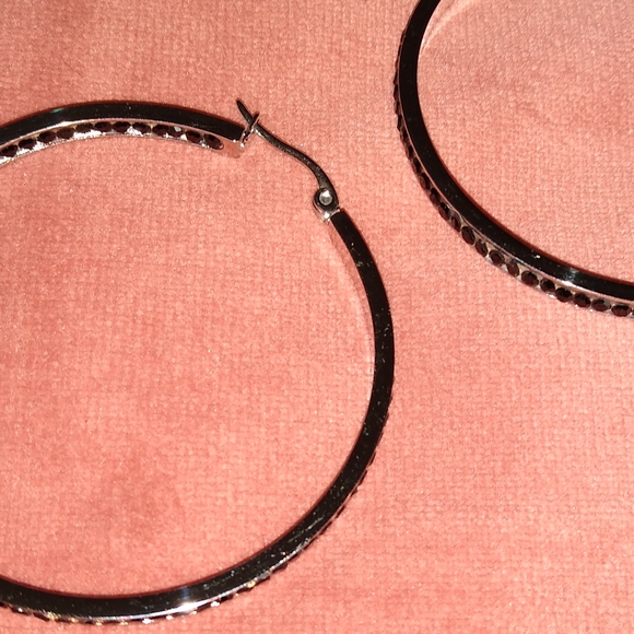 Big Black Rhinestone Silver Hoop Earrings Sparkle Hoops CZ Crystal Channel Loop - Picture 8 of 12